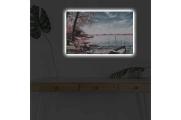 Lerretsbilde med LED-belysning - Rolig innsjølandskap med båter og blomstrende trær - Rosa / Blå / Grå - Interiør - Maleri & posters - Lerretsbilder