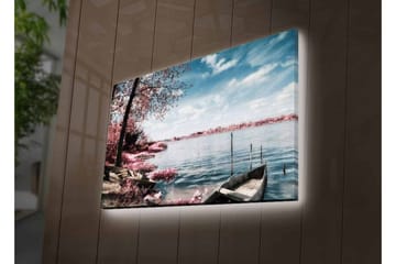 Lerretsbilde med LED-belysning - Rolig innsjølandskap med båter og blomstrende trær - Rosa / Blå / Grå - Interiør - Maleri & posters - Lerretsbilder