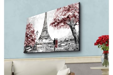 Lerretsbilde med LED-belysning - Romantisk scene med Eiffeltårnet og blomstrende trær - Rød / Svart / Grå - Interiør - Maleri & posters - Lerretsbilder