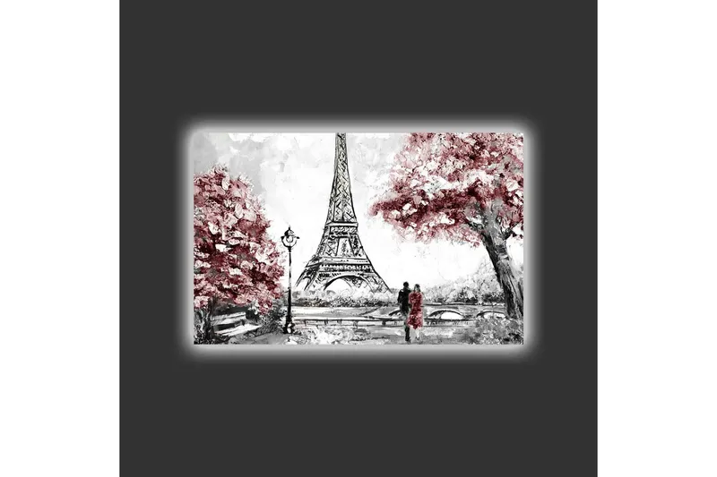 Lerretsbilde med LED-belysning - Romantisk scene med Eiffeltårnet og blomstrende trær - Rød / Svart / Grå - Interiør - Maleri & posters - Lerretsbilder