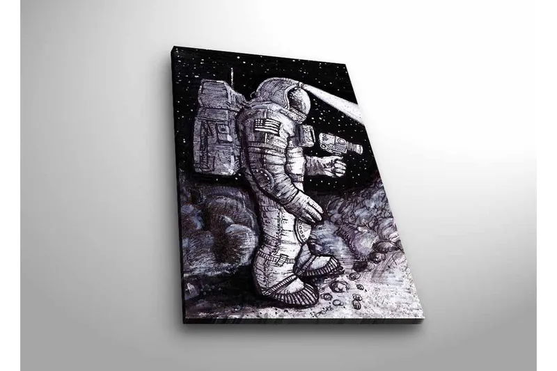 Lerretsbilde med LED-belysning - Romfarer i et stjerneklar miljø, Svart / Grå / Hvit