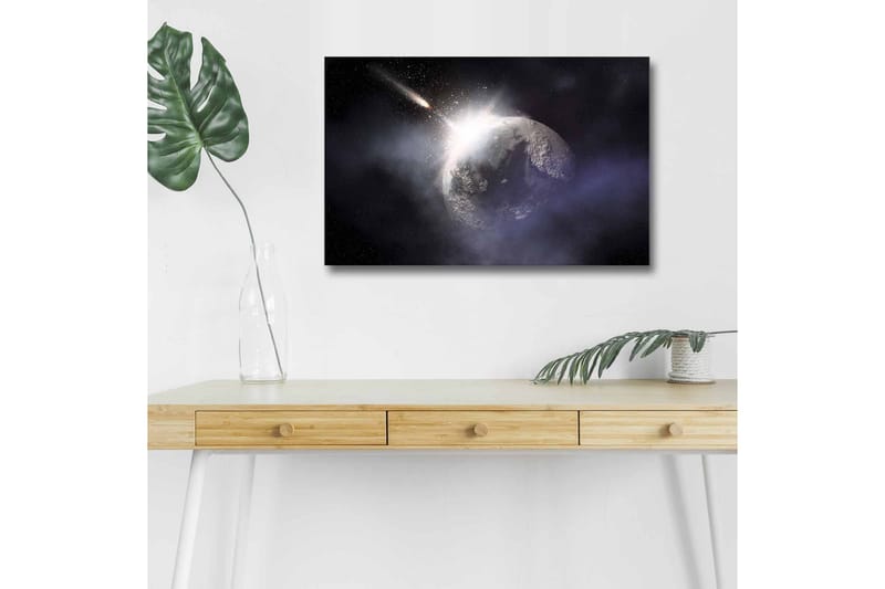 Lerretsbilde med LED-belysning - Romfart med en planet og en passerende komet - Mørk blå / Grå / Hvit - Interiør - Maleri & posters - Lerretsbilder