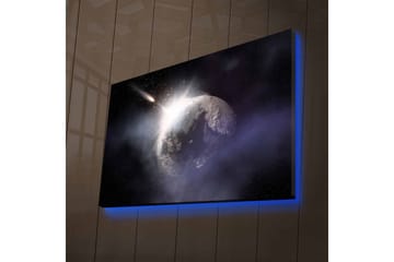 Lerretsbilde med LED-belysning - Romfart med en planet og en passerende komet - Mørk blå / Grå / Hvit - Interiør - Maleri & posters - Lerretsbilder