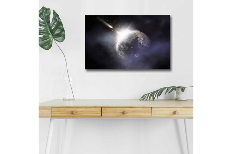 Lerretsbilde med LED-belysning - Romfart med en planet og en passerende komet - Mørk blå / Grå / Hvit - Interiør - Maleri & posters - Lerretsbilder