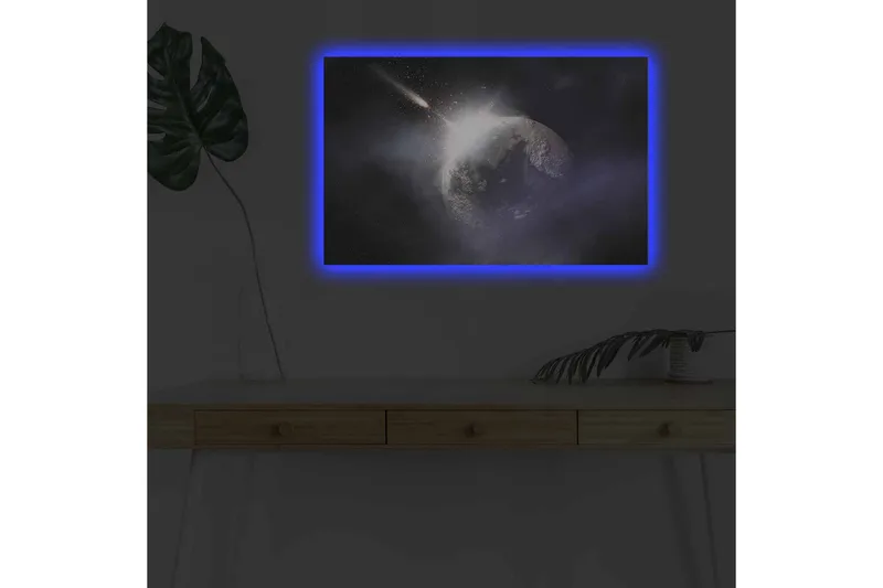 Lerretsbilde med LED-belysning - Romfart med en planet og en passerende komet - Mørk blå / Grå / Hvit - Interiør - Maleri & posters - Lerretsbilder