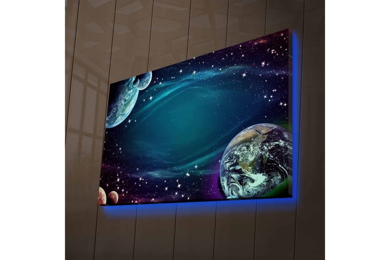 Lerretsbilde med LED-belysning - Romlandskap med planeter og stjerner, Mørk blå / Grønn / Lilla