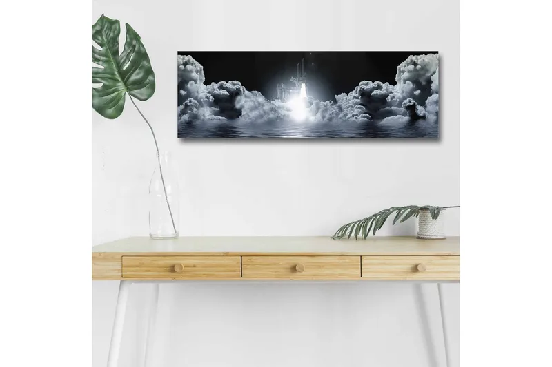 Lerretsbilde med LED-belysning - Romrakett som letter gjennom overskyet himmel - Mørkegrå / Hvit / Lyseblå - Interiør - Maleri & posters - Lerretsbilder