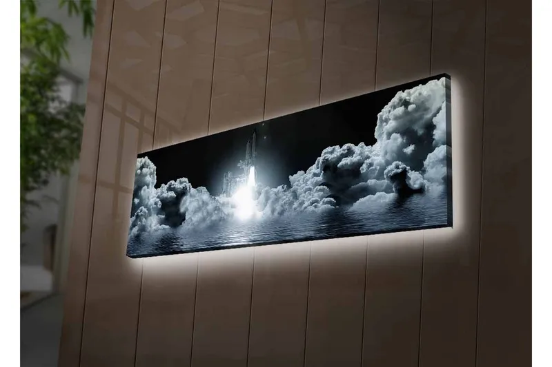 Lerretsbilde med LED-belysning - Romrakett som letter gjennom overskyet himmel - Mørkegrå / Hvit / Lyseblå - Interiør - Maleri & posters - Lerretsbilder