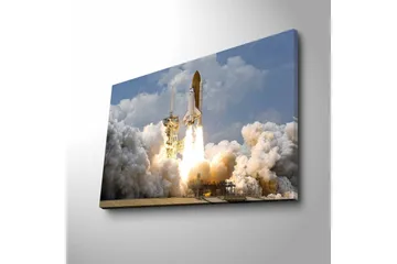 Lerretsbilde med LED-belysning - Romrakett som letter mot himmelen med kraftige flammer - Grå / Hvit / Oransje - Interiør - Maleri & posters - Lerretsbilder