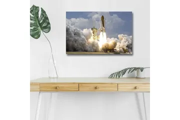 Lerretsbilde med LED-belysning - Romrakett som letter mot himmelen med kraftige flammer - Grå / Hvit / Oransje - Interiør - Maleri & posters - Lerretsbilder