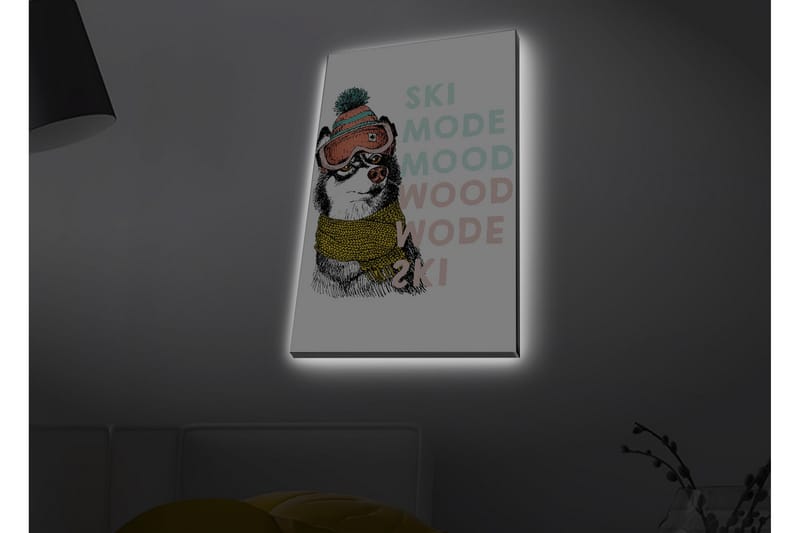 Lerretsbilde med LED-belysning - Søt hund med skibriller og skjerf - Svart / Gul / Rosa - Interiør - Maleri & posters - Lerretsbilder