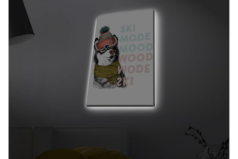 Lerretsbilde med LED-belysning - Søt hund med skibriller og skjerf - Svart / Gul / Rosa - Interiør - Maleri & posters - Lerretsbilder