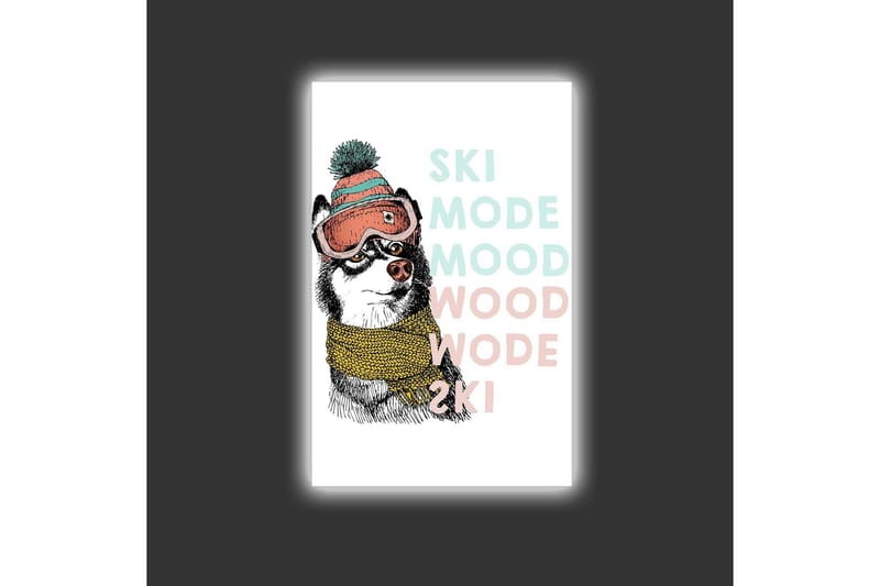 Lerretsbilde med LED-belysning - Søt hund med skibriller og skjerf - Svart / Gul / Rosa - Interiør - Maleri & posters - Lerretsbilder