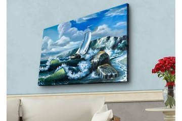 Lerretsbilde med LED-belysning - Seilbåt som kjemper mot sterke bølger - Blå / Grønn / Hvit - Interiør - Maleri & posters - Lerretsbilder