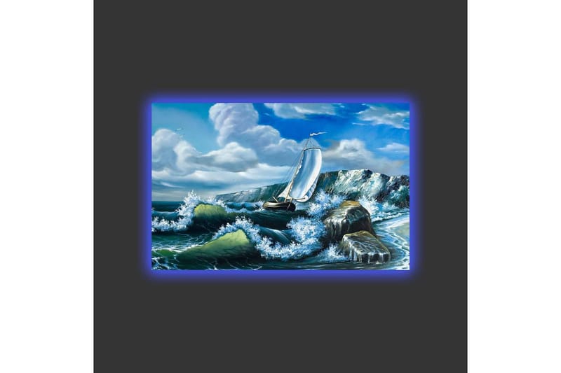 Lerretsbilde med LED-belysning - Seilbåt som kjemper mot sterke bølger - Blå / Grønn / Hvit - Interiør - Maleri & posters - Lerretsbilder