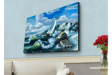 Lerretsbilde med LED-belysning - Seilbåt som kjemper mot sterke bølger - Blå / Grønn / Hvit - Interiør - Maleri & posters - Lerretsbilder