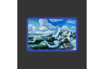 Lerretsbilde med LED-belysning - Seilbåt som kjemper mot sterke bølger - Blå / Grønn / Hvit - Interiør - Maleri & posters - Lerretsbilder