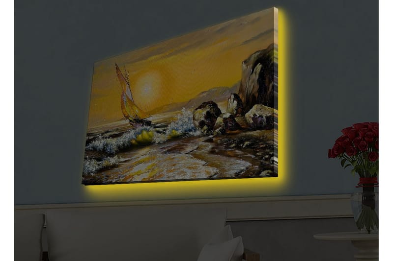 Lerretsbilde med LED-belysning - Seilbåt på en gyllen havhorisont - Gull / Blå / Grønn - Interiør - Maleri & posters - Lerretsbilder