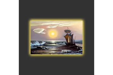 Lerretsbilde med LED-belysning - Seilbåt på en solrik strand med bølger og steiner - Blå / Oransje / Brun - Interiør - Maleri & posters - Lerretsbilder