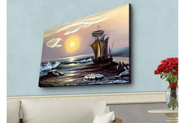 Lerretsbilde med LED-belysning - Seilbåt på en solrik strand med bølger og steiner - Blå / Oransje / Brun - Interiør - Maleri & posters - Lerretsbilder