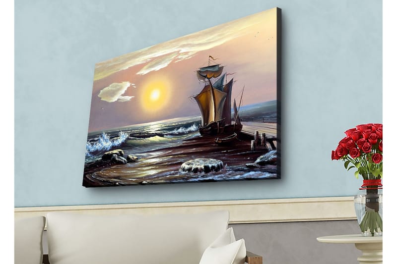 Lerretsbilde med LED-belysning - Seilbåt på en solrik strand med bølger og steiner - Blå / Oransje / Brun - Interiør - Maleri & posters - Lerretsbilder