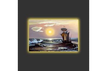 Lerretsbilde med LED-belysning - Seilbåt på en solrik strand med bølger og steiner - Blå / Oransje / Brun - Interiør - Maleri & posters - Lerretsbilder