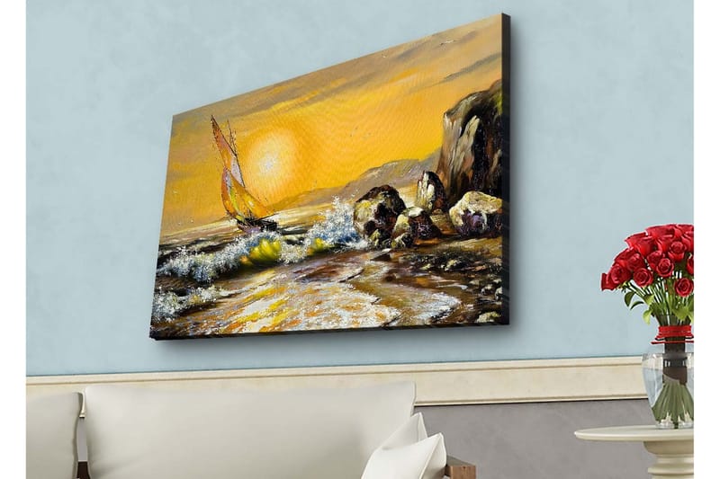 Lerretsbilde med LED-belysning - Seilbåt på en gyllen havhorisont, Gull / Blå / Grønn