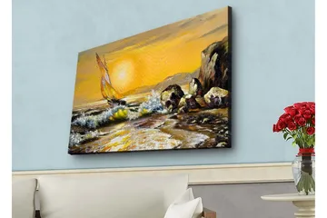 Lerretsbilde med LED-belysning - Seilbåt på en gyllen havhorisont - Gull / Blå / Grønn - Interiør - Maleri & posters - Lerretsbilder