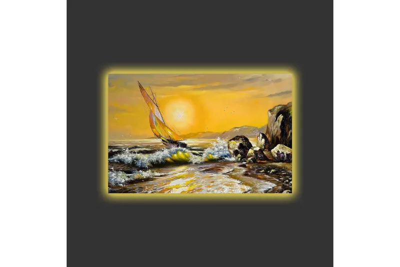 Lerretsbilde med LED-belysning - Seilbåt på en gyllen havhorisont - Gull / Blå / Grønn - Interiør - Maleri & posters - Lerretsbilder