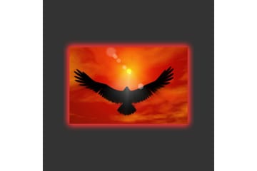 Lerretsbilde med LED-belysning - Silhuett av en ørn som flyr mot en solnedgang i sterke farger - Rød / Svart / Oransje - Interiør - Maleri & posters - Lerretsbilder