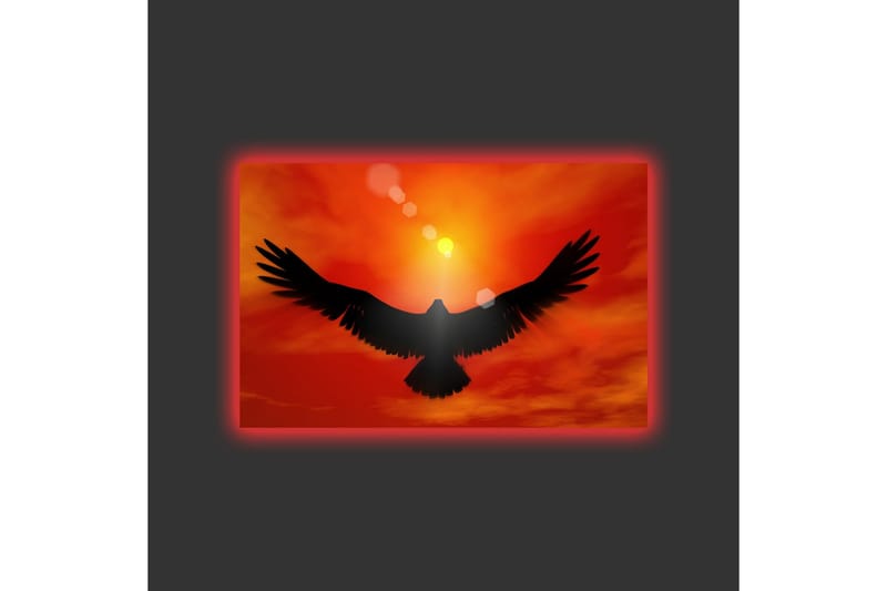 Lerretsbilde med LED-belysning - Silhuett av en ørn som flyr mot en solnedgang i sterke farger - Rød / Svart / Oransje - Interiør - Maleri & posters - Lerretsbilder
