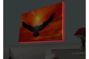 Lerretsbilde med LED-belysning - Silhuett av en ørn som flyr mot en solnedgang i sterke farger - Rød / Svart / Oransje - Interiør - Maleri & posters - Lerretsbilder
