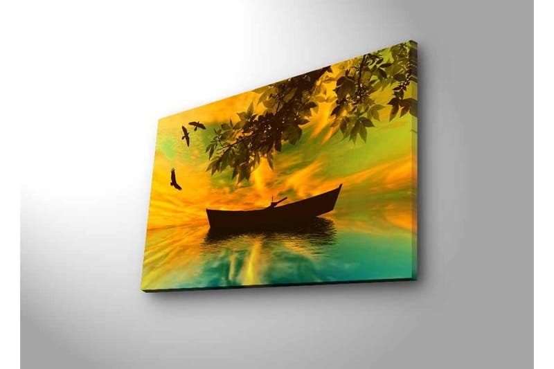 Lerretsbilde med LED-belysning - Silhuett av en båt på speilblankt vann med en fargerik solnedgang - Gul / Grønn / Svart - Interiør - Maleri & posters - Lerretsbilder