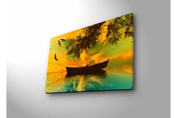 Lerretsbilde med LED-belysning - Silhuett av en båt på speilblankt vann med en fargerik solnedgang - Gul / Grønn / Svart - Interiør - Maleri & posters - Lerretsbilder