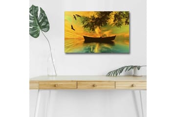 Lerretsbilde med LED-belysning - Silhuett av en båt på speilblankt vann med en fargerik solnedgang - Gul / Grønn / Svart - Interiør - Maleri & posters - Lerretsbilder