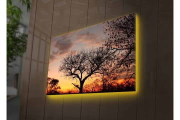 Lerretsbilde med LED-belysning - Silhuett av et tre mot en fargerik solnedgang - Mørk brun / Oransje / Gul - Interiør - Maleri & posters - Lerretsbilder