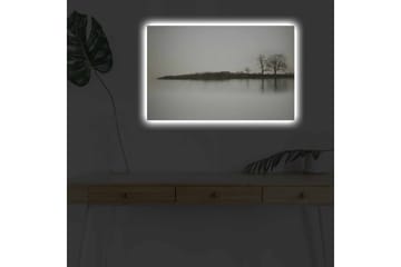 Lerretsbilde med LED-belysning - Silhuett av trær ved en rolig innsjø i gråtoner - Grå / Svart - Interiør - Maleri & posters - Lerretsbilder