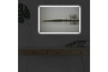 Lerretsbilde med LED-belysning - Silhuett av trær ved en rolig innsjø i gråtoner - Grå / Svart - Interiør - Maleri & posters - Lerretsbilder