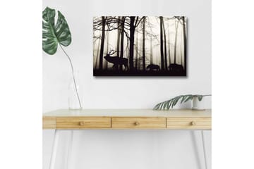 Lerretsbilde med LED-belysning - Silhuetter av hjort og villsvin i et tåkete skogsmiljø - Svart / Grå / Hvit - Interiør - Maleri & posters - Lerretsbilder