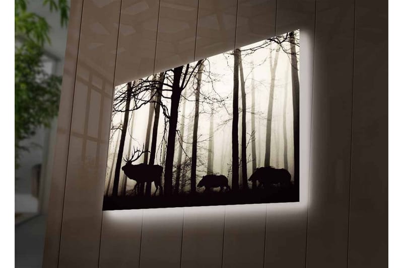 Lerretsbilde med LED-belysning - Silhuetter av hjort og villsvin i et tåkete skogsmiljø - Svart / Grå / Hvit - Interiør - Maleri & posters - Lerretsbilder