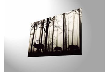 Lerretsbilde med LED-belysning - Silhuetter av hjort og villsvin i et tåkete skogsmiljø - Svart / Grå / Hvit - Interiør - Maleri & posters - Lerretsbilder