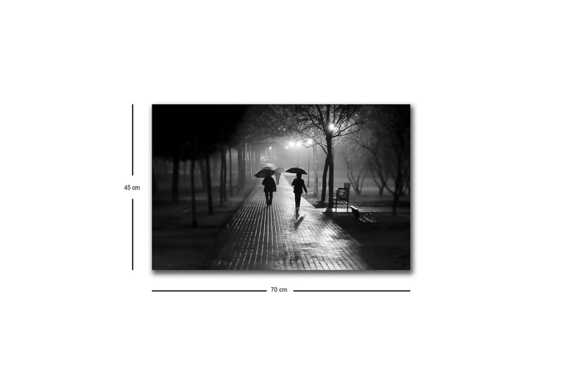 Lerretsbilde med LED-belysning - Silhuetter av to personer med paraplyer på en regnfull gate - Svart / Grå - Interiør - Maleri & posters - Lerretsbilder