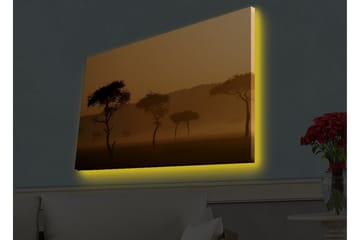 Lerretsbilde med LED-belysning - Silhuetter av trær i et tåkete, gyllent landskap - Gull / Svart - Interiør - Maleri & posters - Lerretsbilder