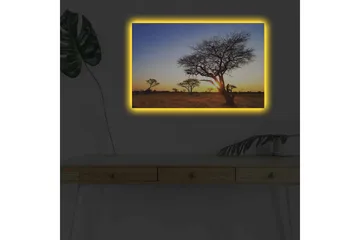 Lerretsbilde med LED-belysning - Silhuetter av trær mot en solnedgang på savannen - Gull / Blå / Svart - Interiør - Maleri & posters - Lerretsbilder