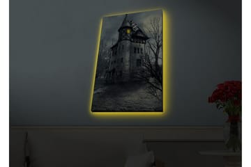 Lerretsbilde med LED-belysning - Skummel herskapshus omgitt av døde trær - Grå / Svart / Gul - Interiør - Maleri & posters - Lerretsbilder