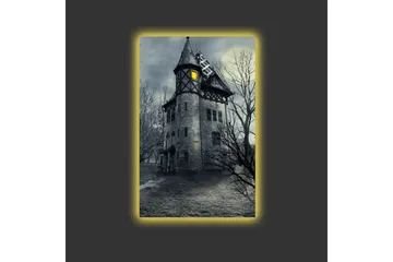 Lerretsbilde med LED-belysning - Skummel herskapshus omgitt av døde trær - Grå / Svart / Gul - Interiør - Maleri & posters - Lerretsbilder