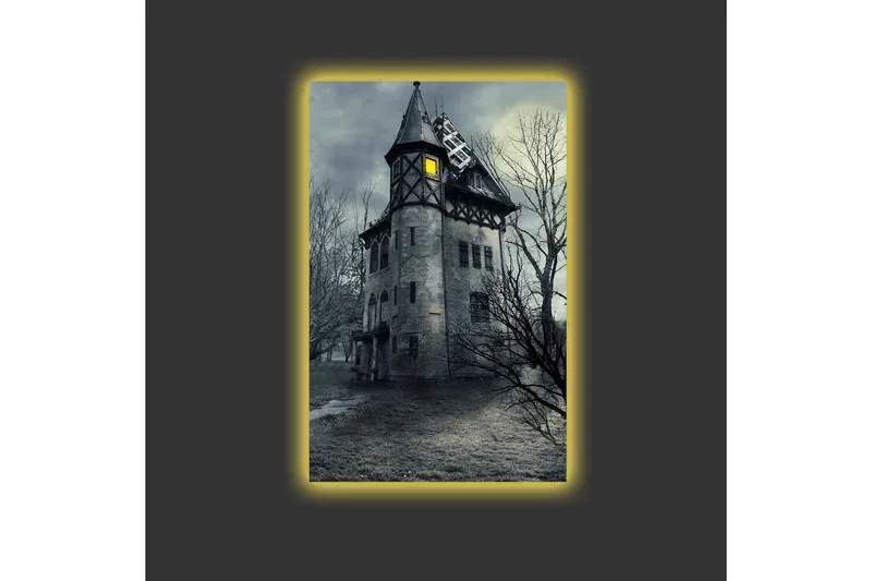 Lerretsbilde med LED-belysning - Skummel herskapshus omgitt av døde trær - Grå / Svart / Gul - Interiør - Maleri & posters - Lerretsbilder