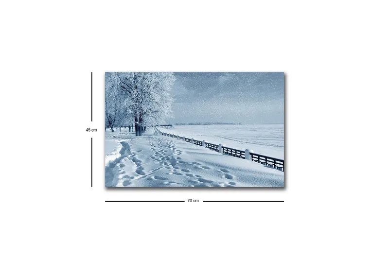 Lerretsbilde med LED-belysning - Snødekt landskap med spor i snøen og trær langs en vei - Hvit / Lys blå / Grå - Interiør - Maleri & posters - Lerretsbilder