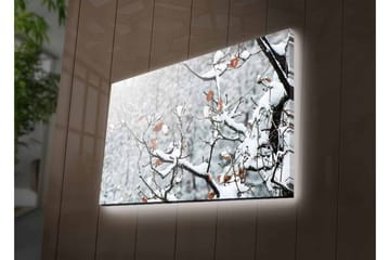 Lerretsbilde med LED-belysning - Snødekte grener med brune blader - Hvit / Brun / Grå - Interiør - Maleri & posters - Lerretsbilder