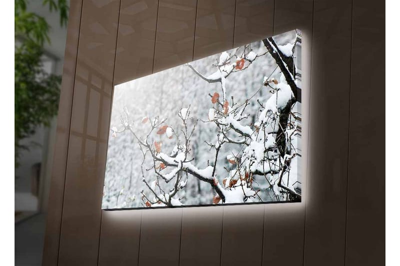 Lerretsbilde med LED-belysning - Snødekte grener med brune blader - Hvit / Brun / Grå - Interiør - Maleri & posters - Lerretsbilder